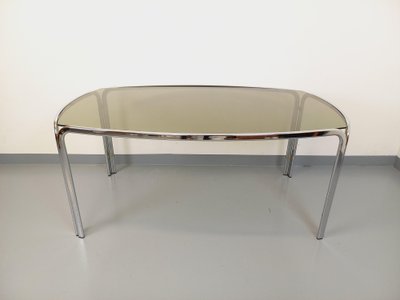 Vintage curved rectangular dining table in smoked glass and chrome-plated metal