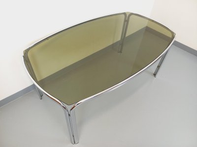 Vintage curved rectangular dining table in smoked glass and chrome-plated metal
