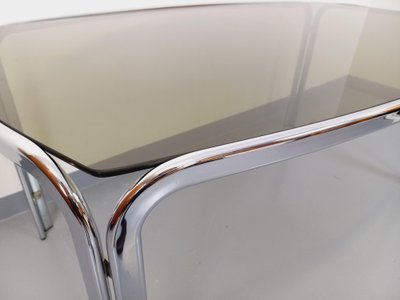 Vintage curved rectangular dining table in smoked glass and chrome-plated metal