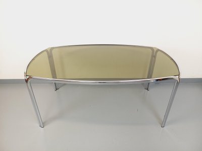 Vintage curved rectangular dining table in smoked glass and chrome-plated metal