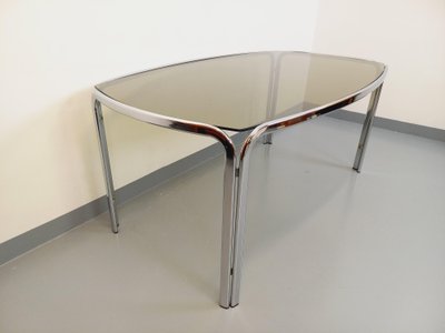 Vintage curved rectangular dining table in smoked glass and chrome-plated metal