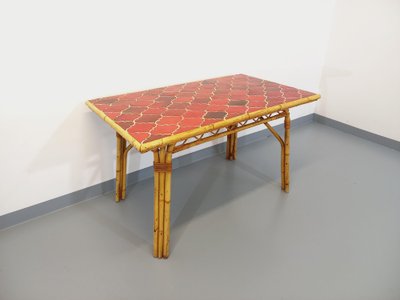 Vintage Audoux Minet dining table in rattan and Vallauris ceramic
