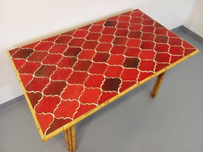 Vintage Audoux Minet dining table in rattan and Vallauris ceramic