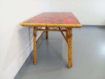 Vintage Audoux Minet dining table in rattan and Vallauris ceramic
