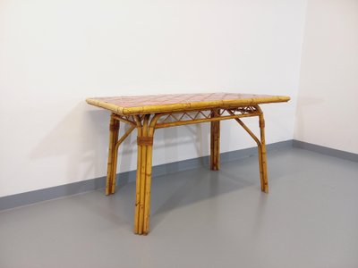 Vintage Audoux Minet dining table in rattan and Vallauris ceramic