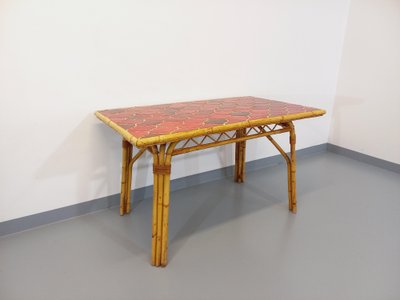 Vintage Audoux Minet dining table in rattan and Vallauris ceramic