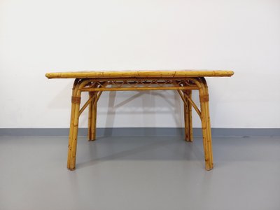 Vintage Audoux Minet dining table in rattan and Vallauris ceramic