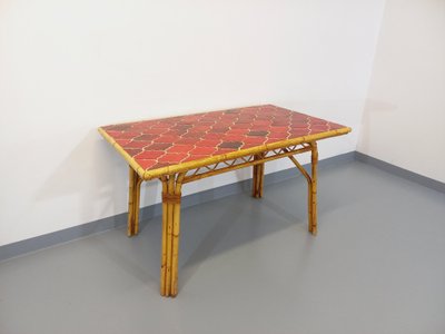 Vintage Audoux Minet dining table in rattan and Vallauris ceramic