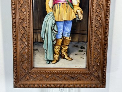 PEINTURE XIXe SUR PORCELAINE SIGNÉE E. BIANCHINI /G. BERTINI "UN MOUSQUETAIRE "