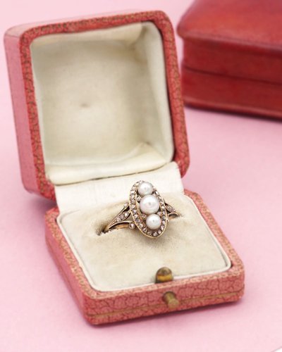 Bague navette perles diamants en or 18k, bague de fiançailles, mariage, diamants taille rose