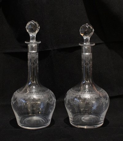 Pair of large engraved crystal decanters, early 20th century