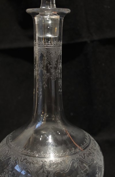 Pair of large engraved crystal decanters, early 20th century