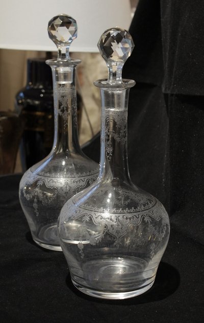 Pair of large engraved crystal decanters, early 20th century