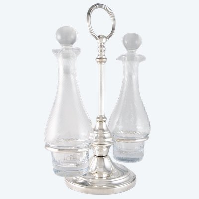 CHRISTOFLE - Louis XVI style silver-plated and crystal oil cruet and decanters