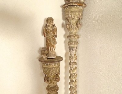 2 processional staffs, confraternity, painted, carved, twisted wood, depicting the Virgin Mary, 17th century