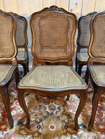 Suite of 10 Louis XV style chairs in walnut and canework