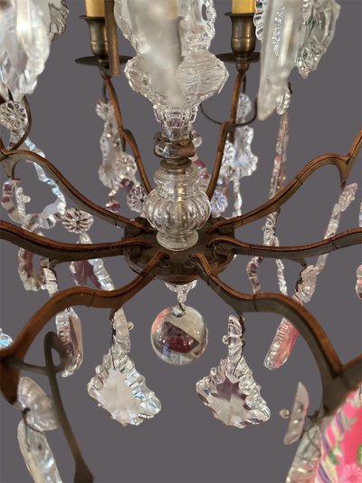 Lustre cage en bronze et plaquettes cristal