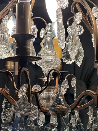 Lustre cage en bronze et plaquettes cristal