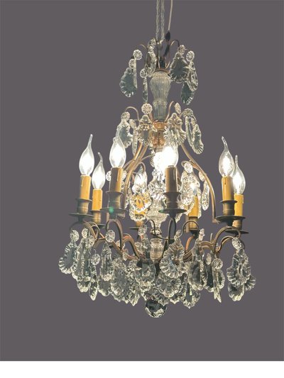 Lustre cage en bronze et plaquettes cristal
