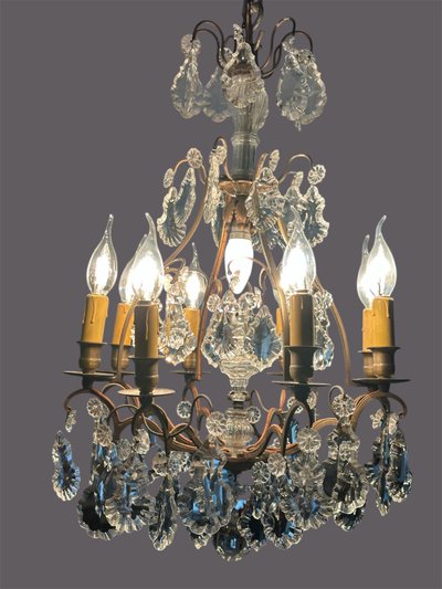 Lustre cage en bronze et plaquettes cristal