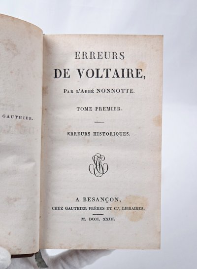 Errori di Voltaire di Abbot Nonnote, Volume uno, Besançon, 1823