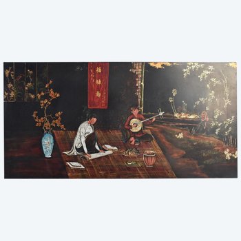 Large Hanoi Lacquer Panel by Thanh Lap Dimension 122 Cm Sur 61 Cm