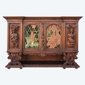 Large Oak Renaissance Style Display Case with Characters