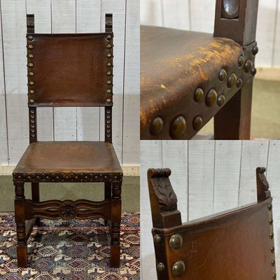 Oak and leather high-back chair, early 20th century