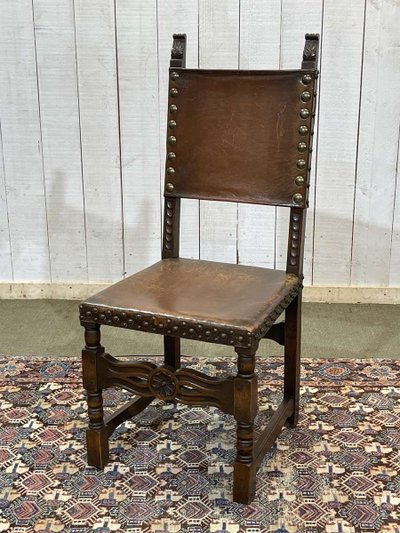 Oak and leather high-back chair, early 20th century