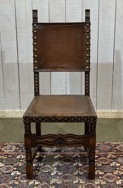 Oak and leather high-back chair, early 20th century
