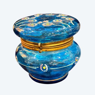 Scatola in vetro dipinto di blu con decorazione floreale - Cornice in ottone dorato