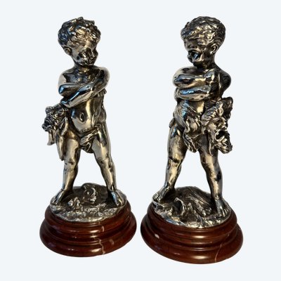 Komödie und Tragödie - Louis KLEY - 2 Kinder in versilberter Bronze - Putti