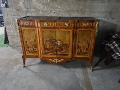 Credenza o enfilade in intarsio di rovine e paesaggi - timbro LEMASLE - epoca Luigi XVI