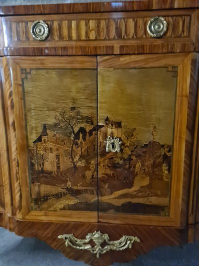 Credenza o enfilade in intarsio di rovine e paesaggi - timbro LEMASLE - epoca Luigi XVI