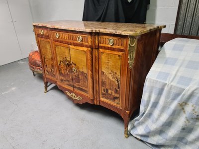 Credenza o enfilade in intarsio di rovine e paesaggi - timbro LEMASLE - epoca Luigi XVI