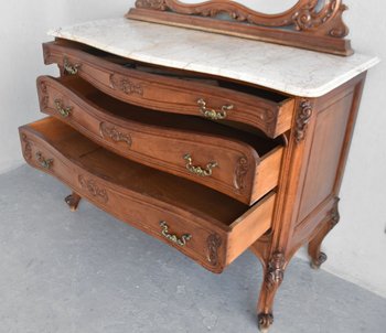             Commode Coiffeuse En Noyer De Style Louis XV Dessus Marbre Brèche Fin XIXème            