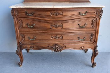             Commode Coiffeuse En Noyer De Style Louis XV Dessus Marbre Brèche Fin XIXème            