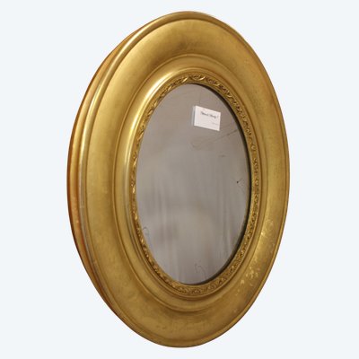 62 x 54 cm Miroir ancien, médaillon ovale, feuille d'or et glace mercure