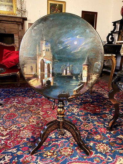 Tavolo a dondolo di Napoleone III decorato con un paesaggio dipinto e intarsiato in madreperla