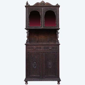             Two Bodies Indian Rosewood Sideboard Richly Carved End of XIXth century