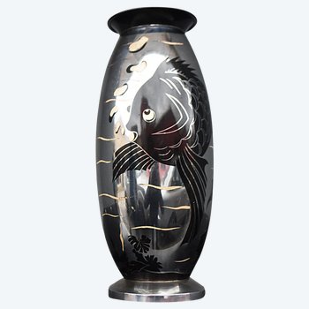             Lampada Dinanderie Art Déco con pesci 1930 Lucien Gerfaux
