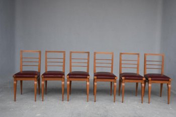             Series Of 6 Oak Chairs With Leather Tops 1930's By Auguste Vallin