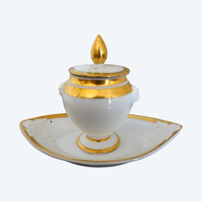 Moutardier d'époque Empire Restauration : porcelaine de Paris dorée or fin et biscuit