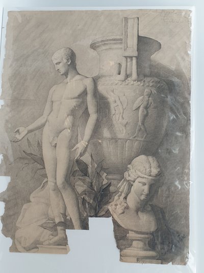Large Academic Drawing in the Antique Style 62 x 47 cm - MAN - BUST - VASE J. CARRÈRE 1892