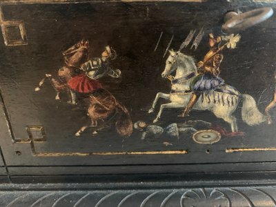 Carved Black Wood Jewelry Box with Polychrome Decoration, 19th Century