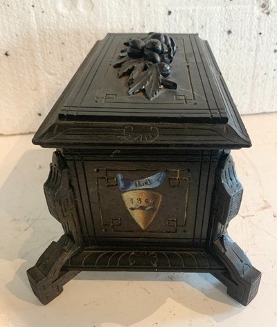 Carved Black Wood Jewelry Box with Polychrome Decoration, 19th Century