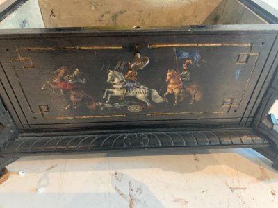 Carved Black Wood Jewelry Box with Polychrome Decoration, 19th Century