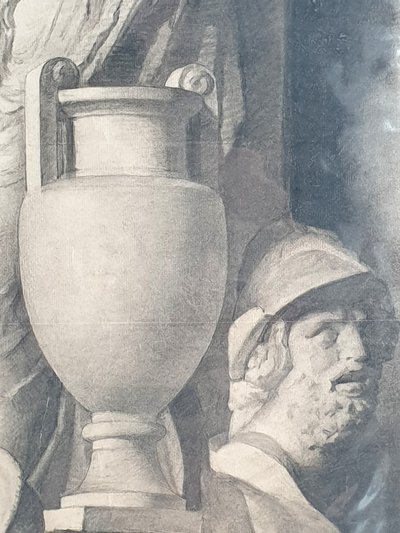 Large Academic Drawing in the Antique Style 62 x 47 cm - Draped Bas-Relief - Bust - Vase J. Carrère 1892