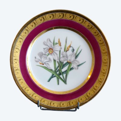 Manufacture Schoelcher : assiette en porcelaine polychrome & or, époque Restauration - signée