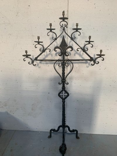 Hammered Iron Candlestick with Seven Light Points, 20th Century